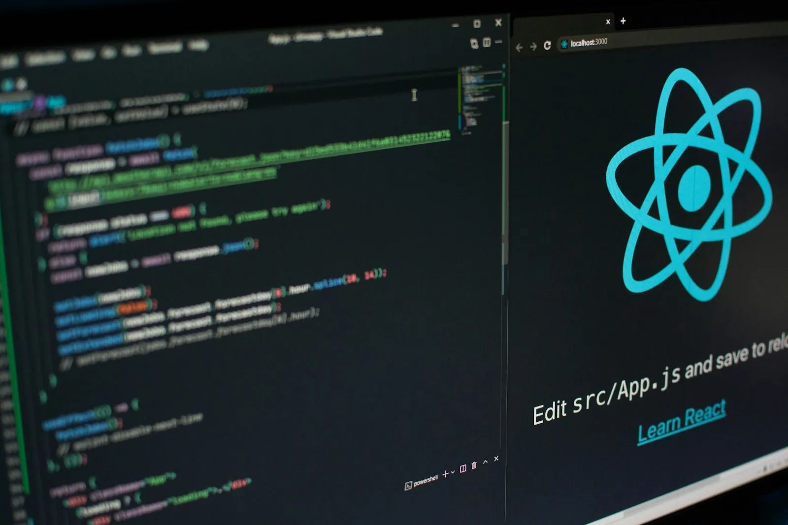 Code editor beside a browser preview with the React logo on a dark screen – the front end of a Next.js web design stack